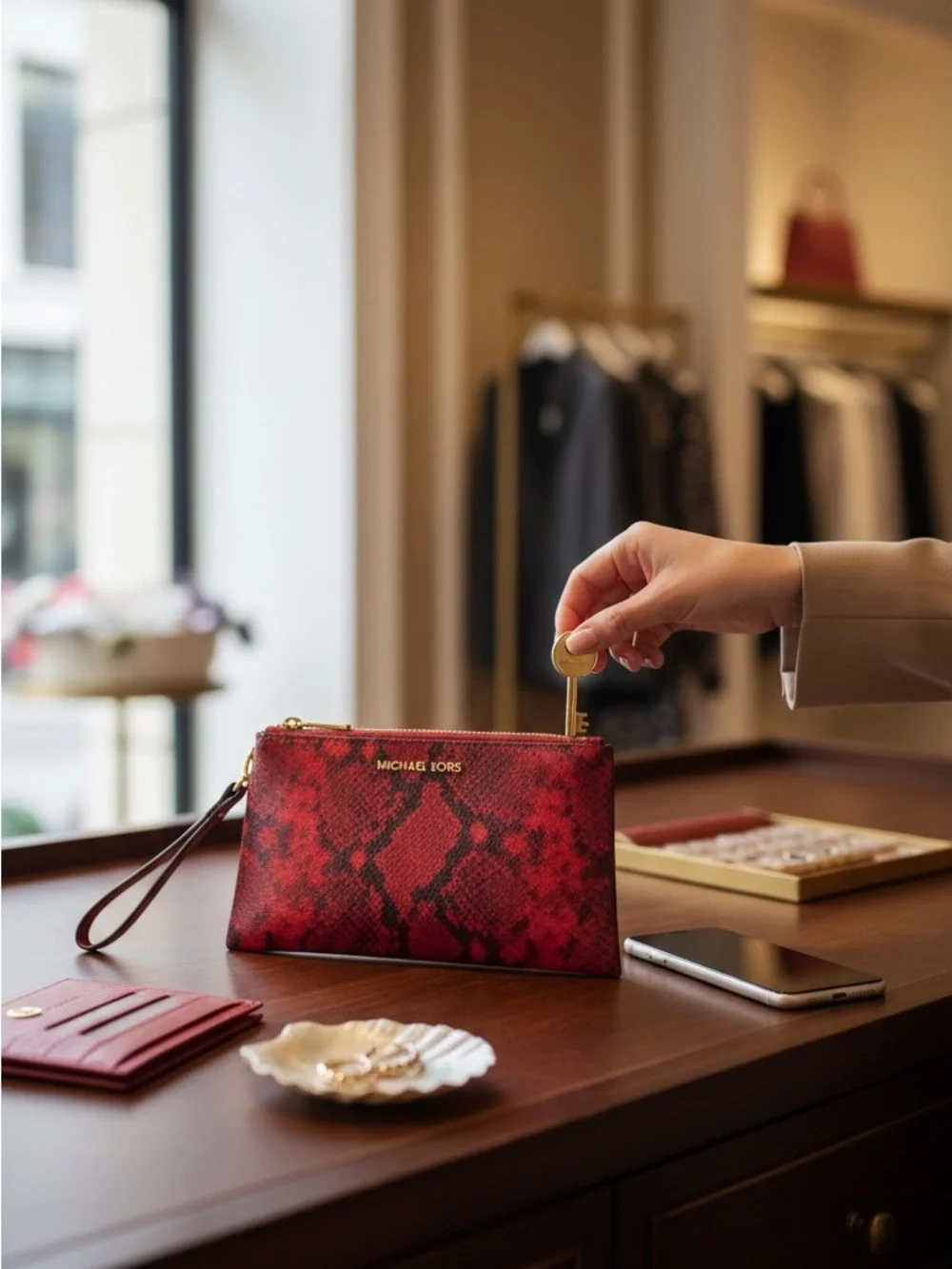 Michael Kors Red Snake-Print Wristlet Clutch with Gold Logo